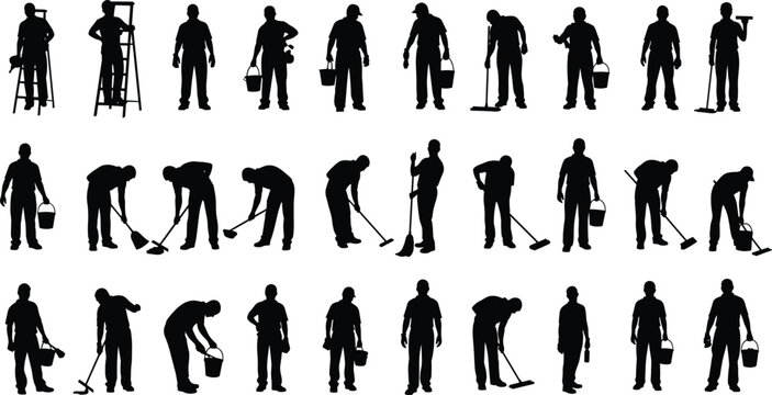 Professional cleaning service workers silhouettes set featuring janitors with mops, buckets, and ladders for sanitary maintenance work industry isolated on white background vector illustration.