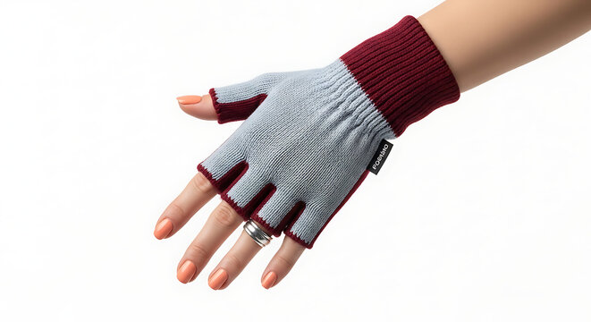 Woman wearing a gray and maroon fingerless glove on right hand with ring transparent background