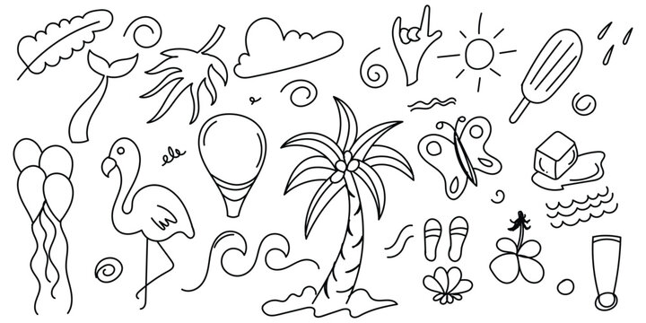 Summer beach doodle icons black outline on white background minimal line art set with palm tree flamingo butterfly ice cream tropical elements