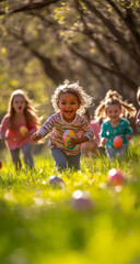 Fototapeta premium A happy African child, with other children, participates in an Easter egg hunt in a sunny park