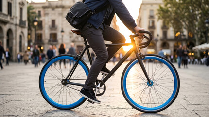 Fototapeta premium Cyclist riding black bicycle with blue wheels through historic city square at sunset with messenger bag