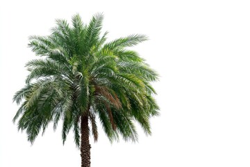 Fototapeta premium A single date palm tree with lush green fronds, isolated on a clean white background.