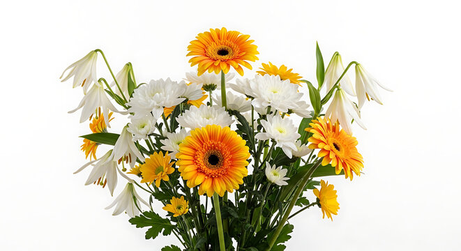 A bouquet of orange gerbera daisies and white flowers with green stems and leaves transparent background