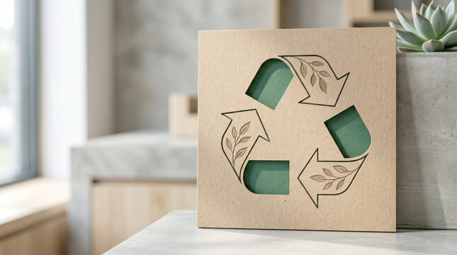 Eco-friendly recycled cardboard block with cutout recycling symbol and green leaves on modern countertop