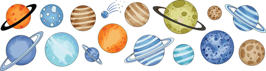 Set of Colorful Planets and Celestial Bodies Featuring Saturn, Earth, Mars, and Other Space Objects in a Whimsical Style © Rownok