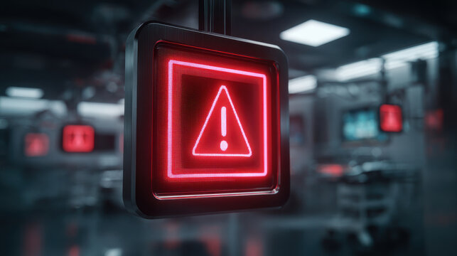 Cyber warning icon hospital network security alert glowing red screen modern medical emergency room technology