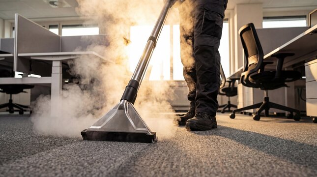 Professional Carpet Cleaning Service Using Steam Extraction Machine in Corporate Office Workspace with Sunlight Backlight for Sanitary Maintenance and Deep Sanitation