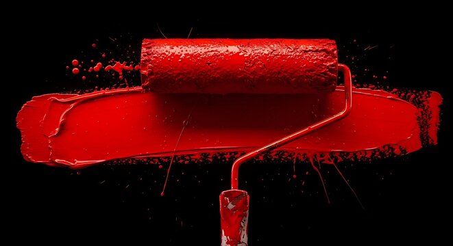 Roller painting a vibrant red stroke against a stark black background, with splashes