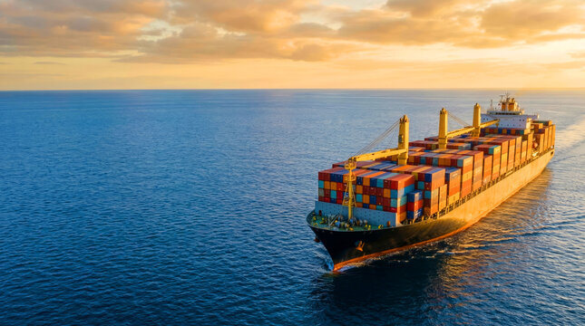 Large Cargo Container Ship Sailing on Blue Ocean at Sunset for Global Logistics and Trade Concept