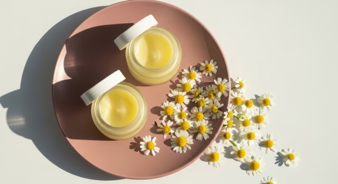Two glass jars of natural organic chamomile balm or cream on a pink plate decorated with fresh daisy flowers