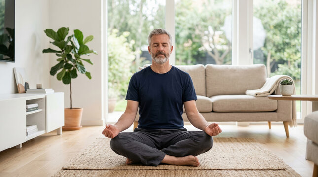 Mature man meditating in lotus position on rug in bright modern living room with large windows and plants