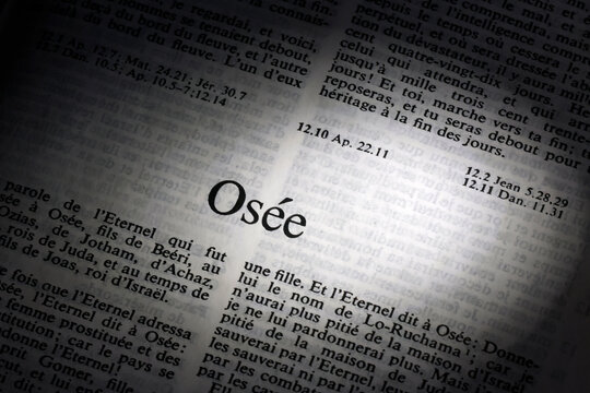  Black and white close-up of the Book of Hosea heading in a French Bible text.