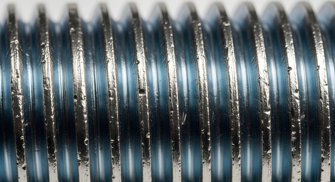 Detailed extreme close-up of screw thread on blue metal rod