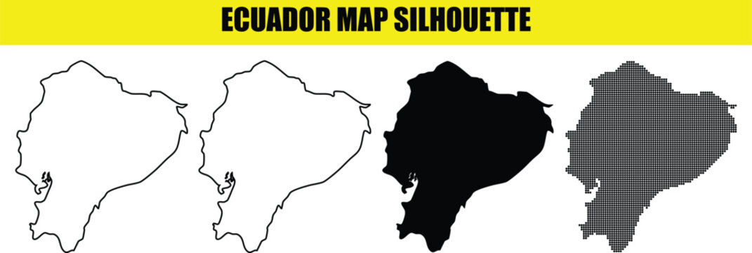 Ecuador map silhouette collection showing country shape with solid color and outline style variations.