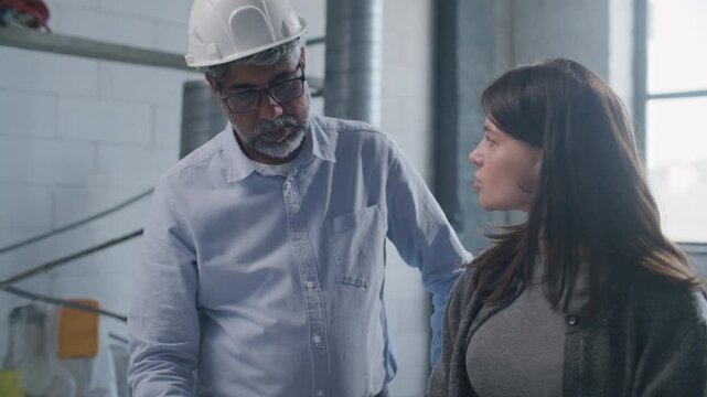 Senior male architect in hard hat and young female designer discussing house sketch and floor plans at table on construction site. Close-up view