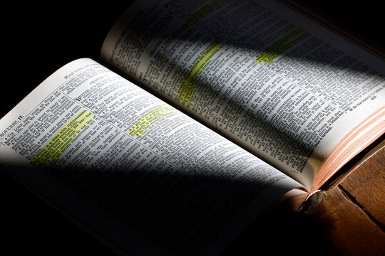 Illuminated Bible pages showing Proverbs chapter with yellow-highlighted text.