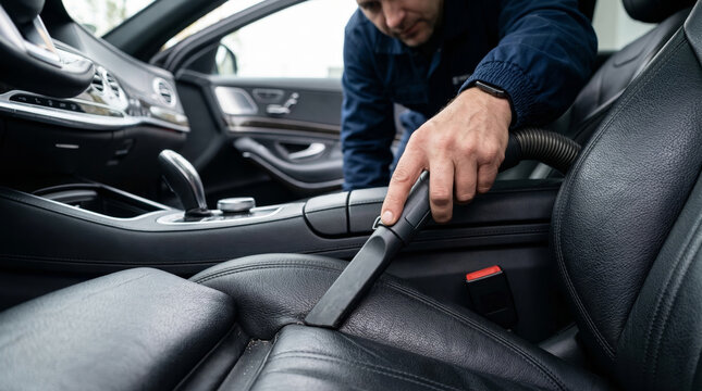 Professional vacuum cleaning black leather car interior seats with vacuum nozzle detailing service