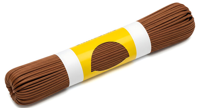 Brown shoelaces bundle wrapped in yellow and white packaging transparent background