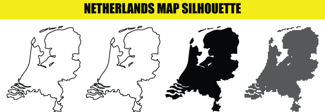 Netherlands map silhouette vector illustration white black outline dotted styles.