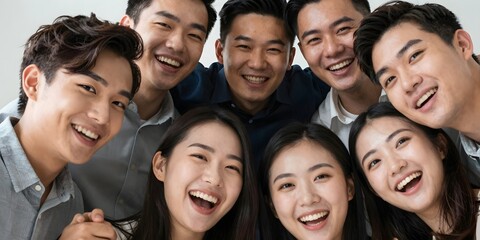 Obraz premium Enthusiastic group of asian friends smiling together at the camera in a cheerful manner