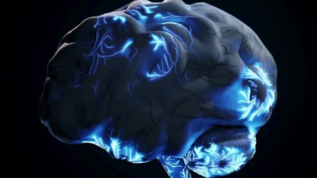 Detailed 3D animation of the human brain and nervous system with glowing neural pathways and electrical impulses. Medical and science visualization showing anatomy and neural activ