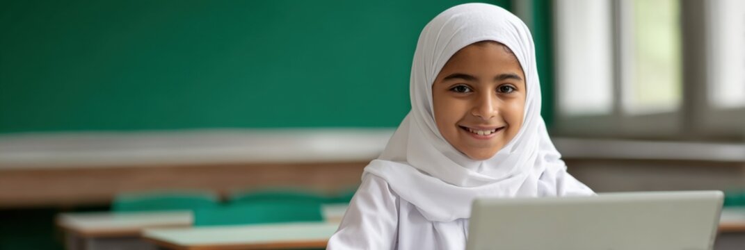 Female asian child in white hijab using laptop in a bright classroom smiling at camera, student learning with technology, education and concentration in school environment