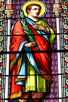Saint Germain church.  Stained glass window. Saint Helin. Duingt. France.