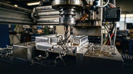 Fototapeta premium Extreme Precision CNC Cutting Tool Carving Metal Block Close-Up