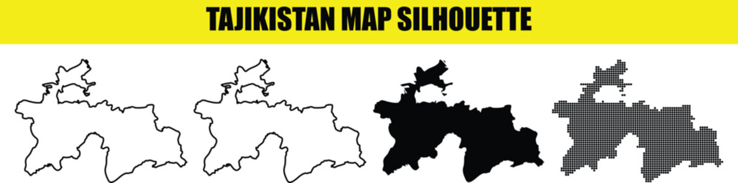 Tajikistan map silhouette vector pack including solid black and halftone dot patterns on transparent grid backdrop.