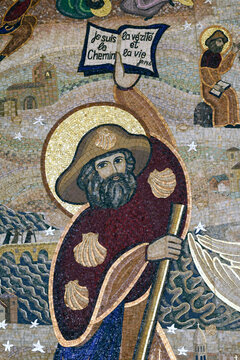 St. James dressed with his pilgrim clothes. Mosaics. Artwork Miss Larissa Perekrestova. Basilica of Fourviere. Lyon. France.