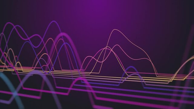 Colorful sine waves oscillating up and down at high frequency past the camera. This music visualizer concept motion background is HD and a seamless loop.