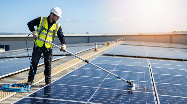 Worker in safety gear cleaning solar panels on roof with brush for renewable energy maintenance