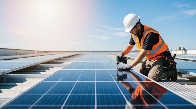 Worker in safety gear installing solar panels on roof for renewable energy