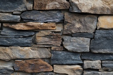 Fototapeta premium Close-up of a natural stone wall made of rough slate and granite blocks, rustic textured masonry surface with irregular earth tones.