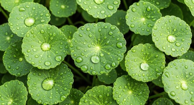 Fresh green pennywort leaves with water droplets in a garden, top view