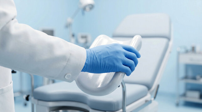 Modern gynecological chair and doctor hand in sterile clinic room