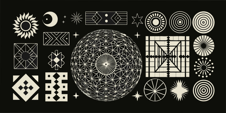 Geometric designs and celestial symbols arranged on a dark background