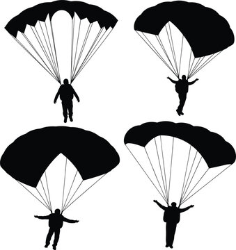Parachute skydiver silhouette set, parachuting people flying canopy extreme sport isolated vector illustration