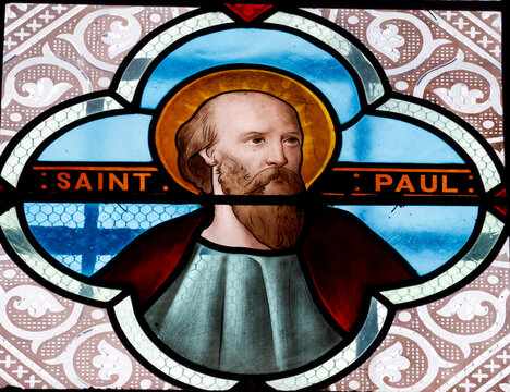  Dominican convent of Bor. Stained glass medallion depicting Saint Paul the Apostle with a brown beard, halo, and cross behind him. Bor et Bar. France.