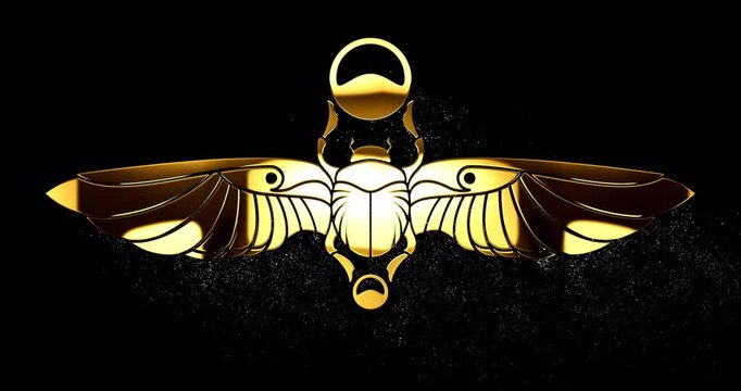 Gold egyptian sacred Scarab with spread wings, ancient egyptian beetle, symbol of Khepri god with glare falling particles, seamless footage