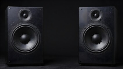 Fototapeta premium Two black speakers are positioned on a dark surface for sound reproduction