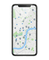 Naklejka premium Smart phone displaying a city map app with icons
