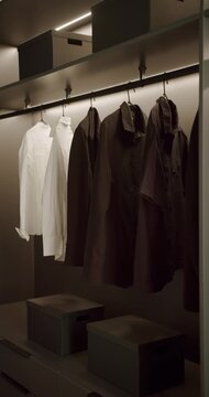 Modern walk-in closet with elegant clothes and storage boxes. Minimalist design, showcasing shirts, jackets and a dress. Stylish wardrobe in a contemporary home.