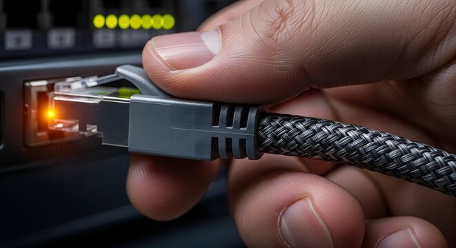 Person inserting an ethernet cable into a network router for internet connection