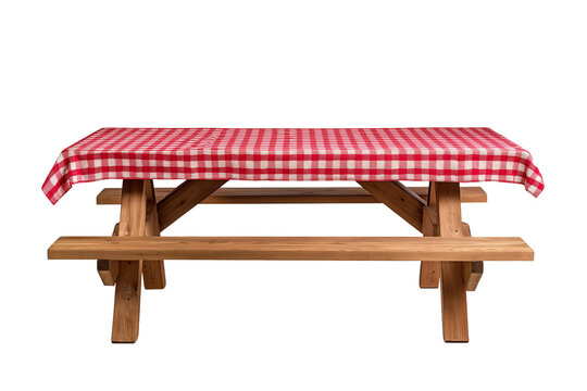 Wooden Picnic Table with Red Gingham Tablecloth outdoor isolated on a transparent background