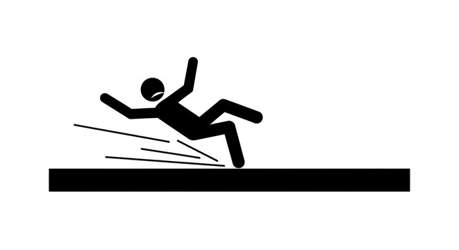 Silhouette of a person slipping and falling on a surface, with motion lines