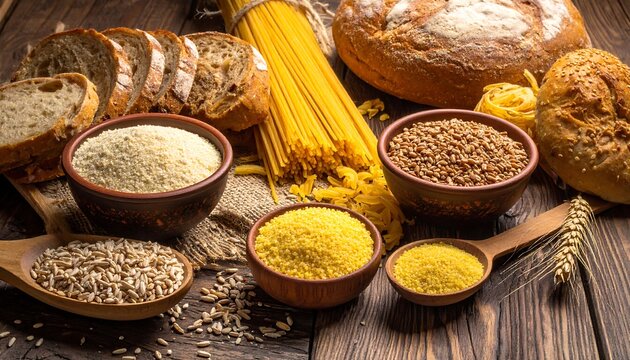 Rustic arrangement of grains, bread, pasta and flour in bowls and scattered on a wooden surface with soft, natural light