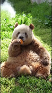 A rare and adorable brown Qinling panda with its unique reddish-brown and white fur coloration is captured sitting comfortably on vibrant green grass, enjoying a delightful snack of an orange food ite