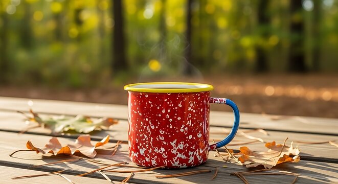 A cozy floral-patterned mug resting on a wooden deck amidst autumn leaves. canecas