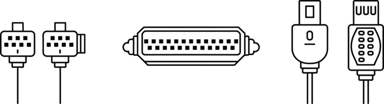 Computer cable connectors icons set including VGA, parallel port, USB Type-A, and serial RS-232 illustration for technology and hardware interface design